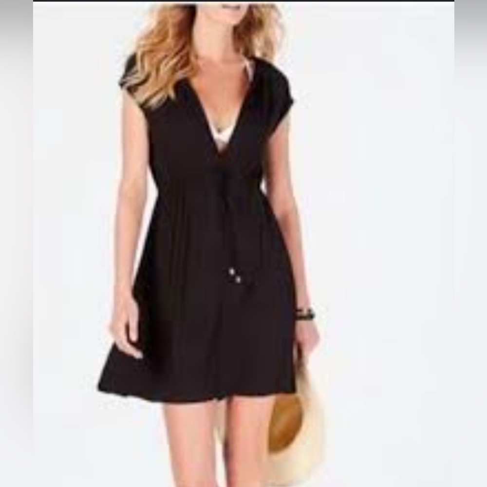 Merona Black V Neck Drawstring Waist Dress/Swim Coverup, Size Small